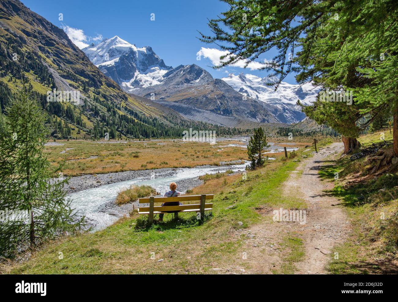Hiking trail and glacier stream in the Roseg Valley, Val Roseg with Piz Roseg, Pontresina, Bernina Alps, Upper Engadine, Engadine, Grisons Stock Photo