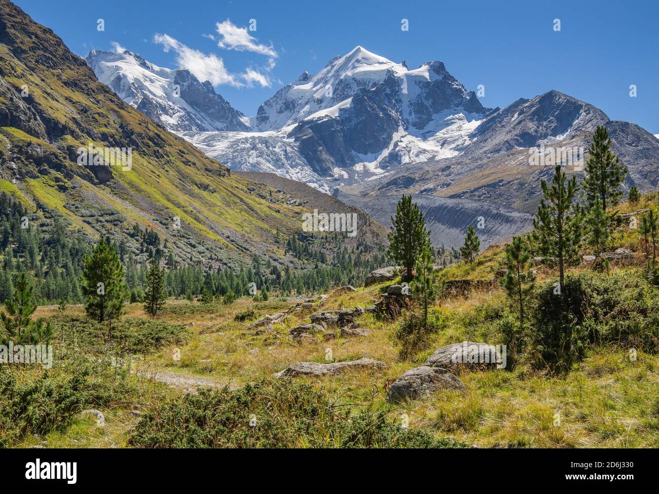 Roseg Valley, Val Roseg with Piz Roseg, Pontresina, Bernina Alps, Upper Engadine, Engadine, Grisons, Switzerland Stock Photo