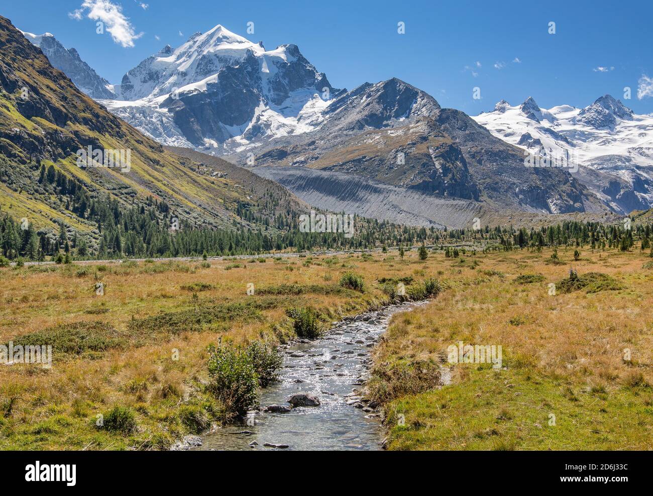 Glacier stream in the Roseg Valley, Val Roseg with Piz Roseg, Piz Glueschaint and Roseg Glacier, Pontresina, Bernina Alps, Upper Engadine, Engadine Stock Photo