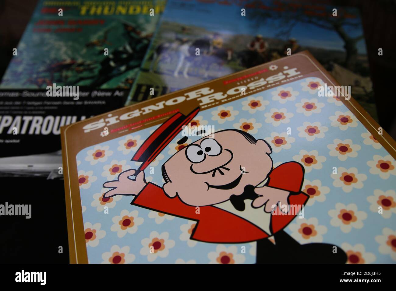 Viersen, Germany - July 9. 2020: Closeup of isolated vintage vinyl record cover with soundtrack of  cartoon tv series from the sixties and seventies ( Stock Photo