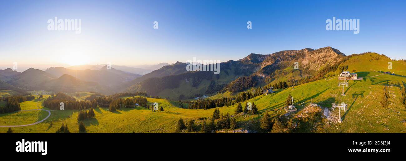 Panorama, sunrise at Sudelfeld, on the right big and small Traithen, near Bayrischzell, Mangfall mountains, drone picture, Upper Bavaria, Bavaria Stock Photo