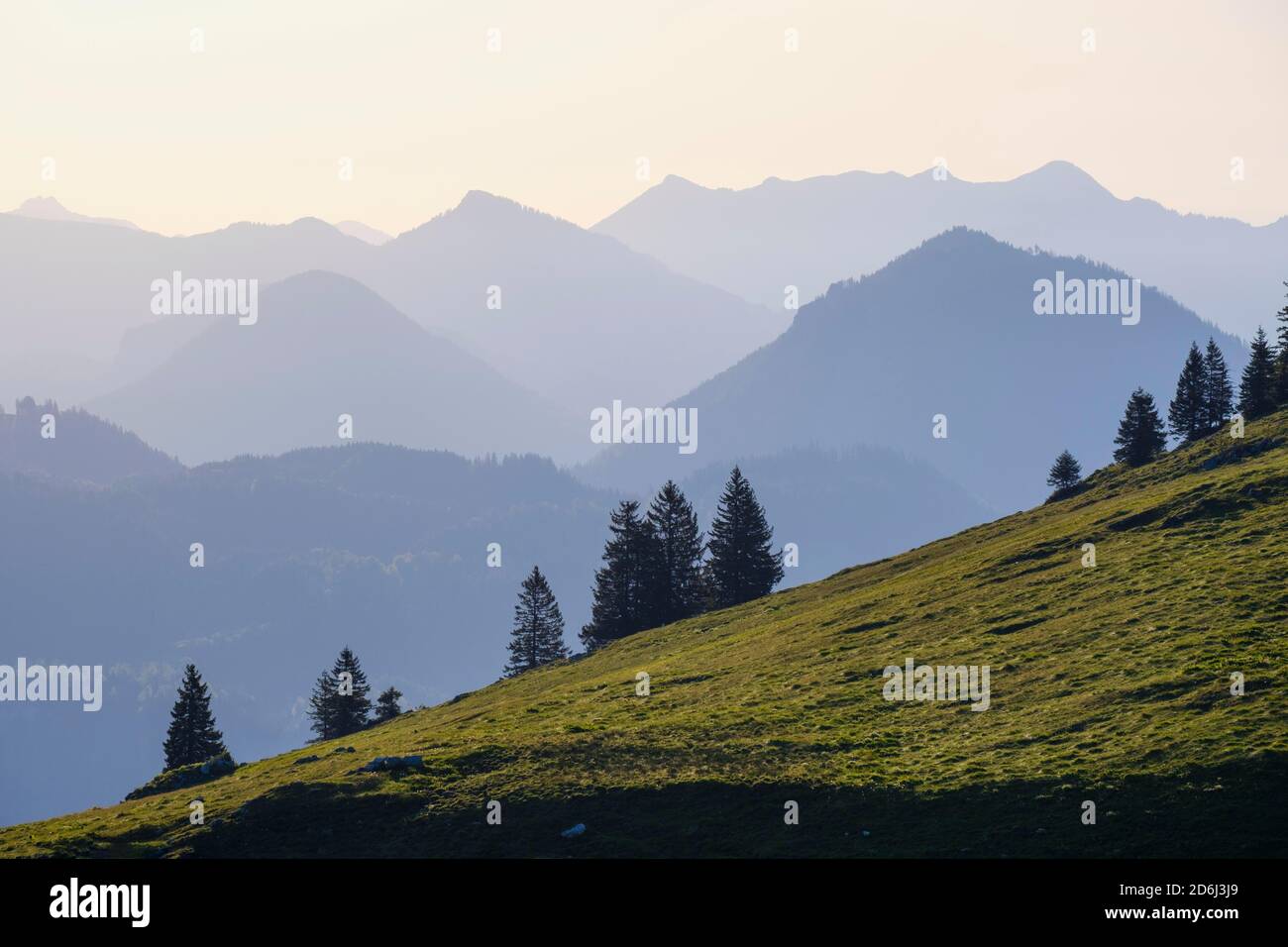 Mountains in haze, at Sudelfeld, near Bayrischzell, Mangfall mountains, Upper Bavaria, Bavaria, Germany Stock Photo