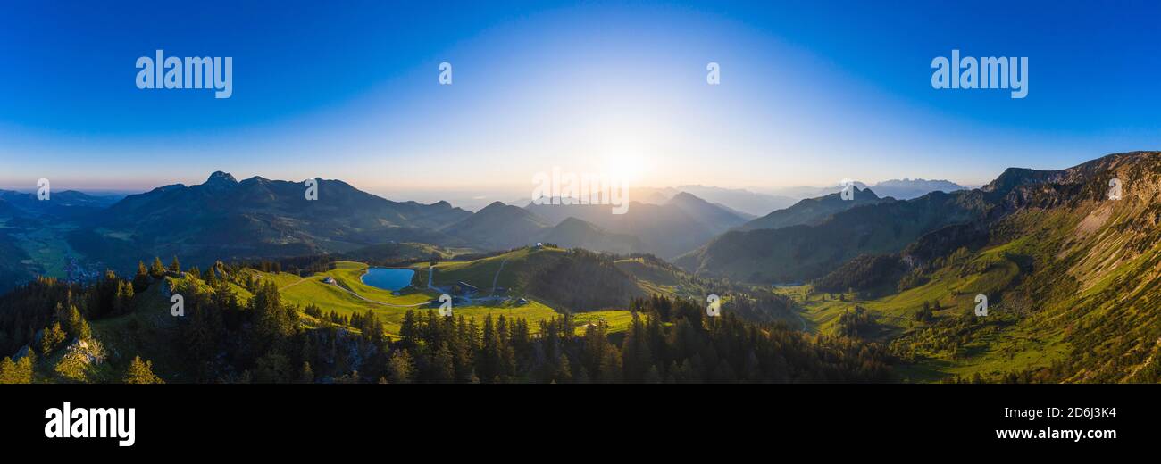 Panorama from Sudelfeld at sunrise, near Bayrischzell, Mangfall mountains, Upper Bavaria, Bavaria, Germany Stock Photo