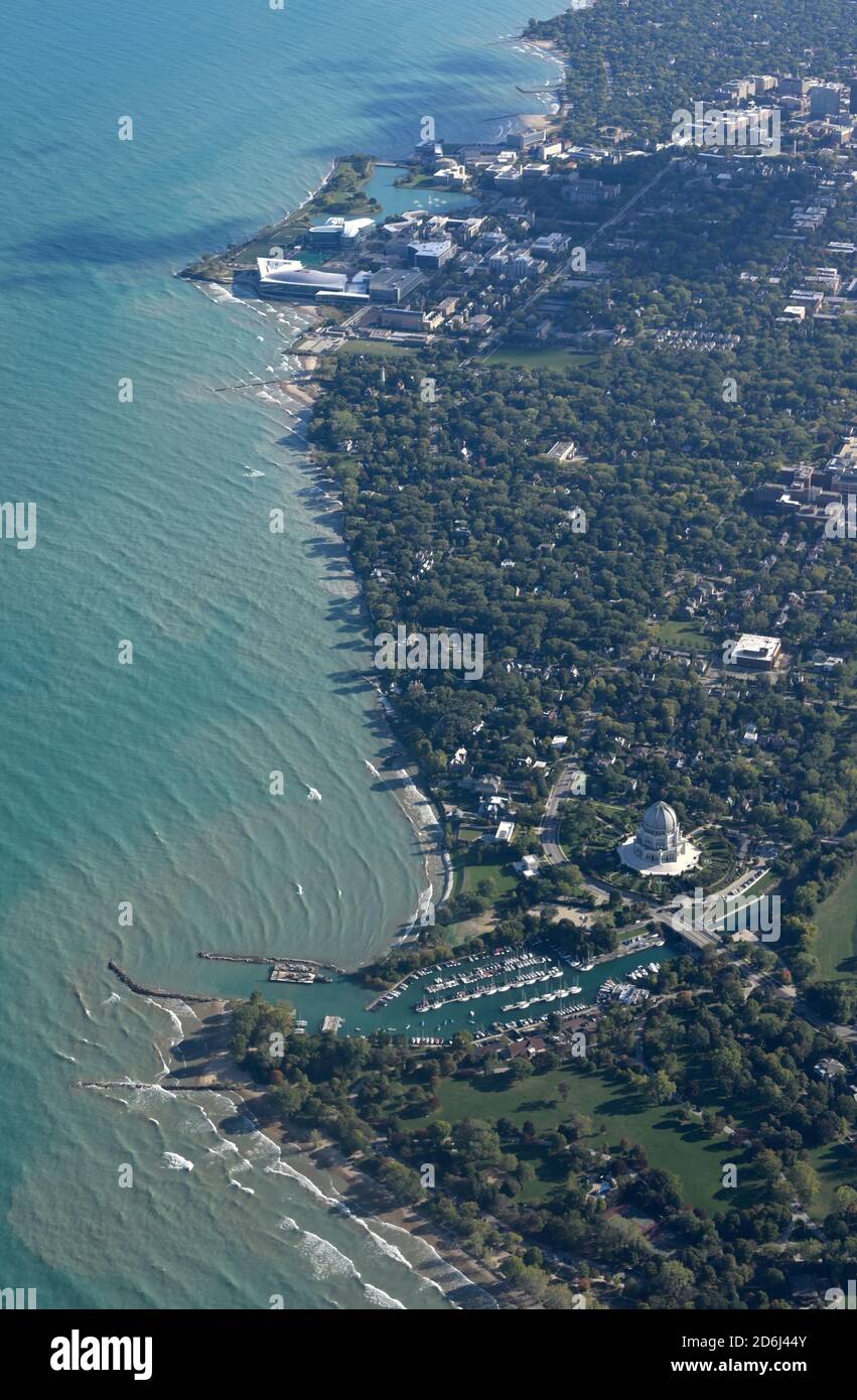 The Northwestern University campus and the Bahai House of Worship (foreground) on Lake Michigan, Evanston IL Stock Photo