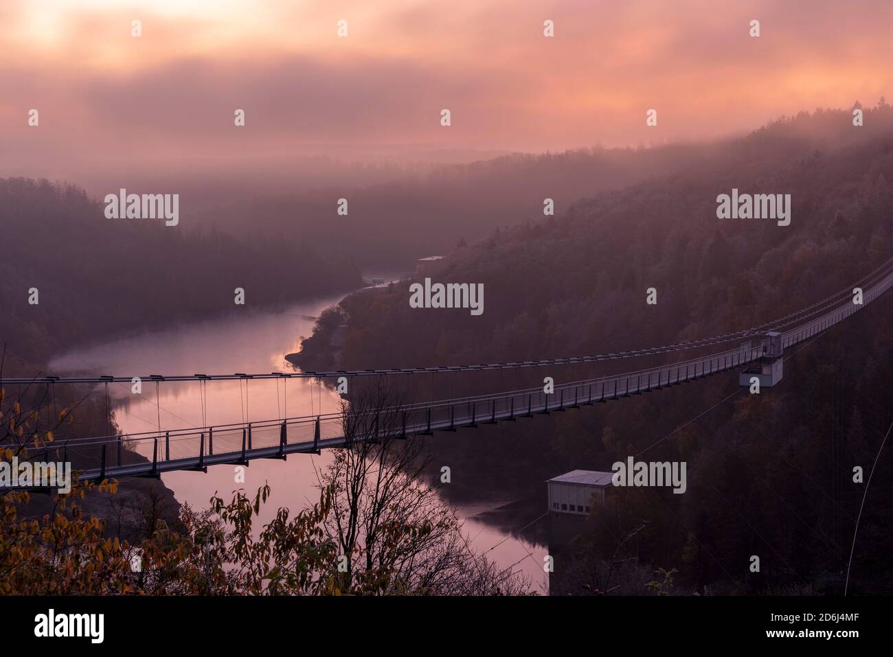 Sunrise at the Rappbode dam, hanging rope bridge, Harz Mountains, Saxony-Anhalt, Germany Stock Photo