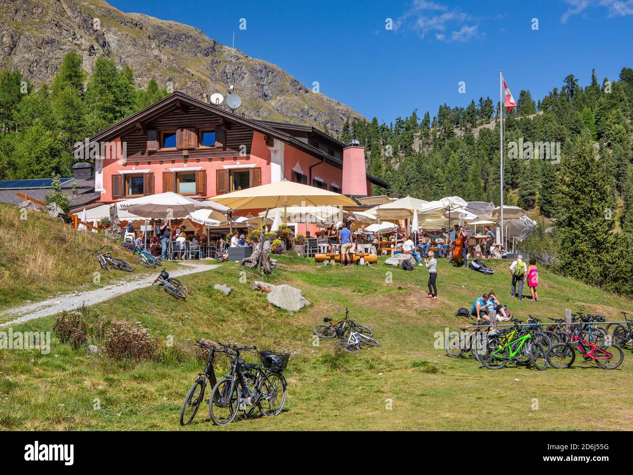 Mountain hotel with sun terrace in Roseg Valley, Val Roseg, Pontresina, Bernina Alps, Upper Engadine, Engadine, Grisons, Switzerland Stock Photo