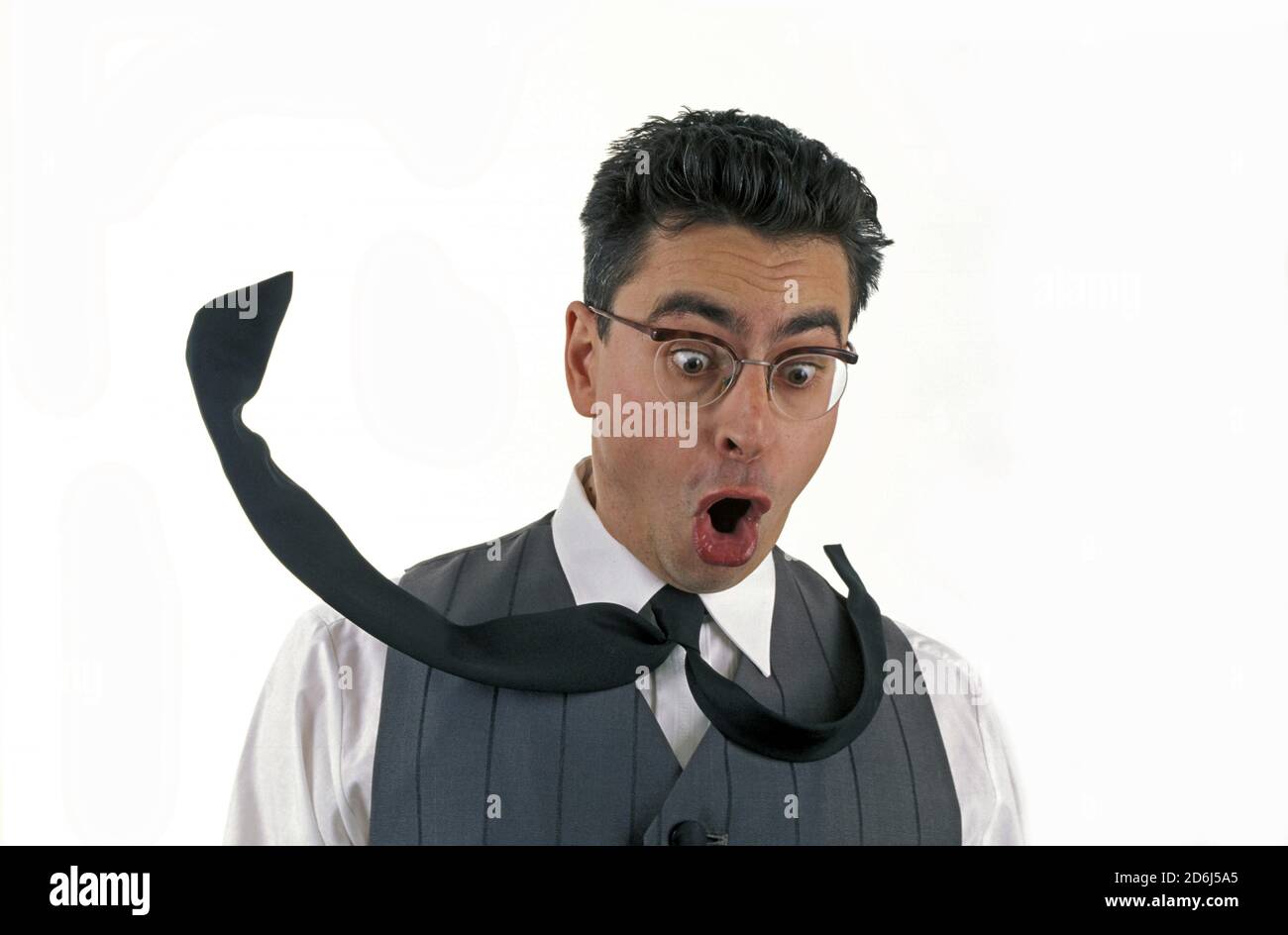 Man, Surprise, Tie blows up, Berlin, Germany Stock Photo