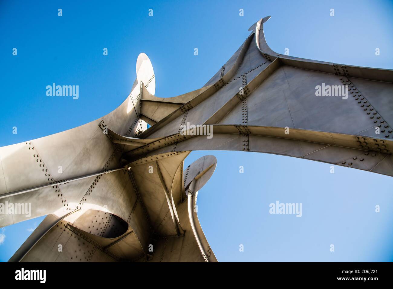 Montreal, Canada - Oct. 10 2020: Perspective of Three Discs Sculpture at Jean Drapeau park in Montreal Stock Photo