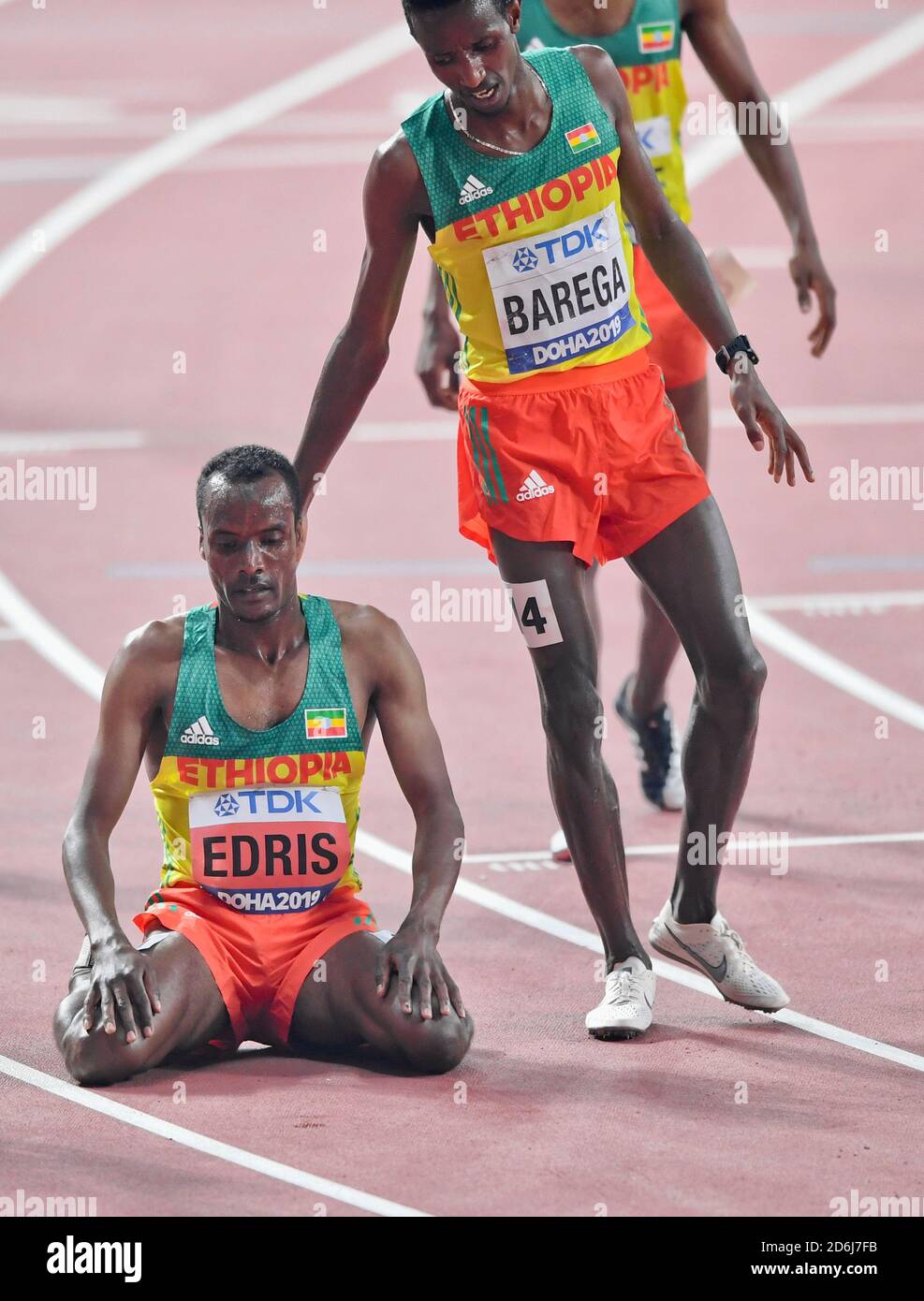 Ethiopian athletes Muktar Edris (Gold) and Selemon Barega (Silver). 5000 metres final. IAAF World Athletics Championships, Doha 2019 Stock Photo