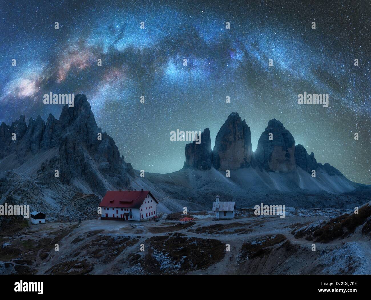 Milky Way arch over mountains at starry night Stock Photo