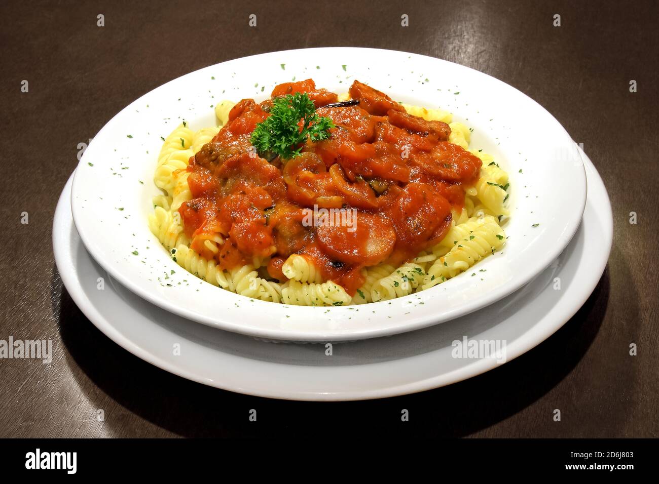 fusilli with tomato sauce and pepperoni sausage Stock Photo Alamy