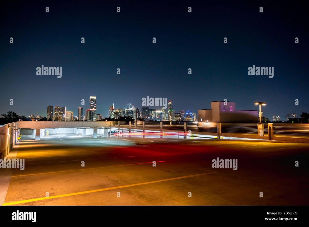 View of Downtown Austin Skyline from Roof Top Garage With Clear Skies Stock Photo