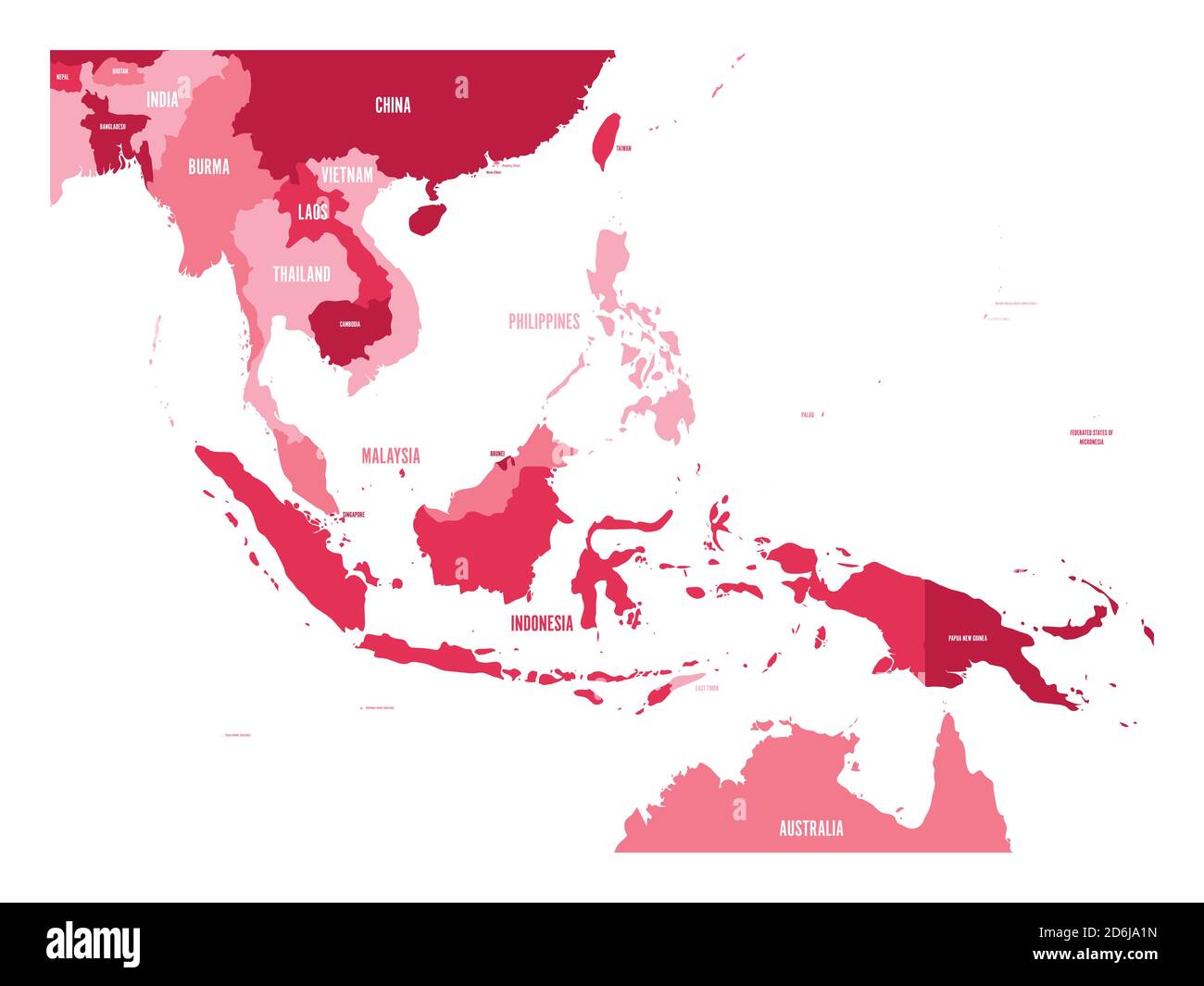 Map of Southeast Asia. Vector map in shades of maroon. Stock Vector