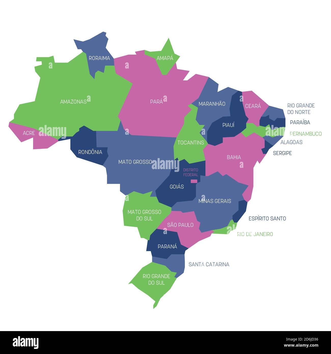 Colorful political map of Brazil. Administrative divisions - states. Simple flat vector map with labels. Stock Vector
