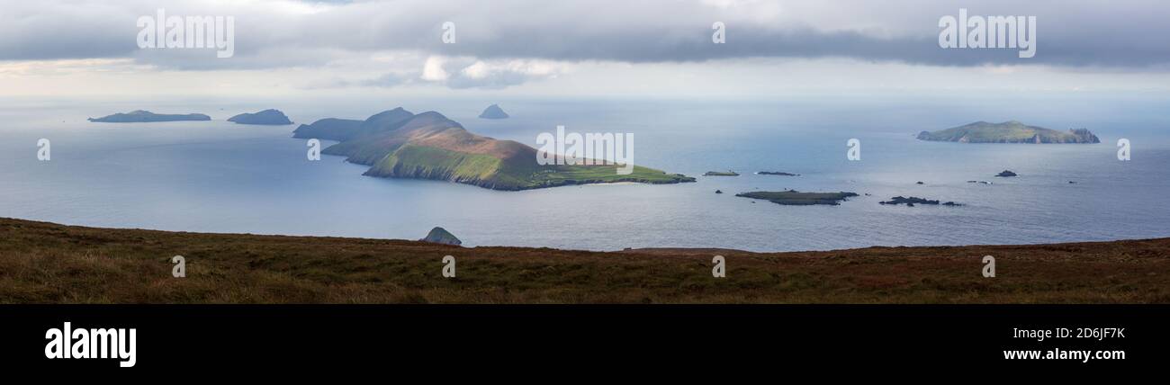 Panorama of The Blasket Islands viewed from Mount Eagle (Sliabh an Iolair) on the Dingle Peninsula along the Wild Atlantic Way in Ireland Stock Photo