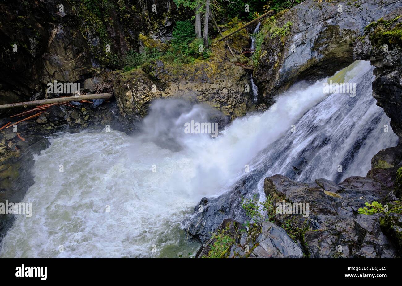 Looking down lower Nairn Falls' cataract into plunge pool formed as Green River from Whistler tumbles over the edge, full from October rain Stock Photo
