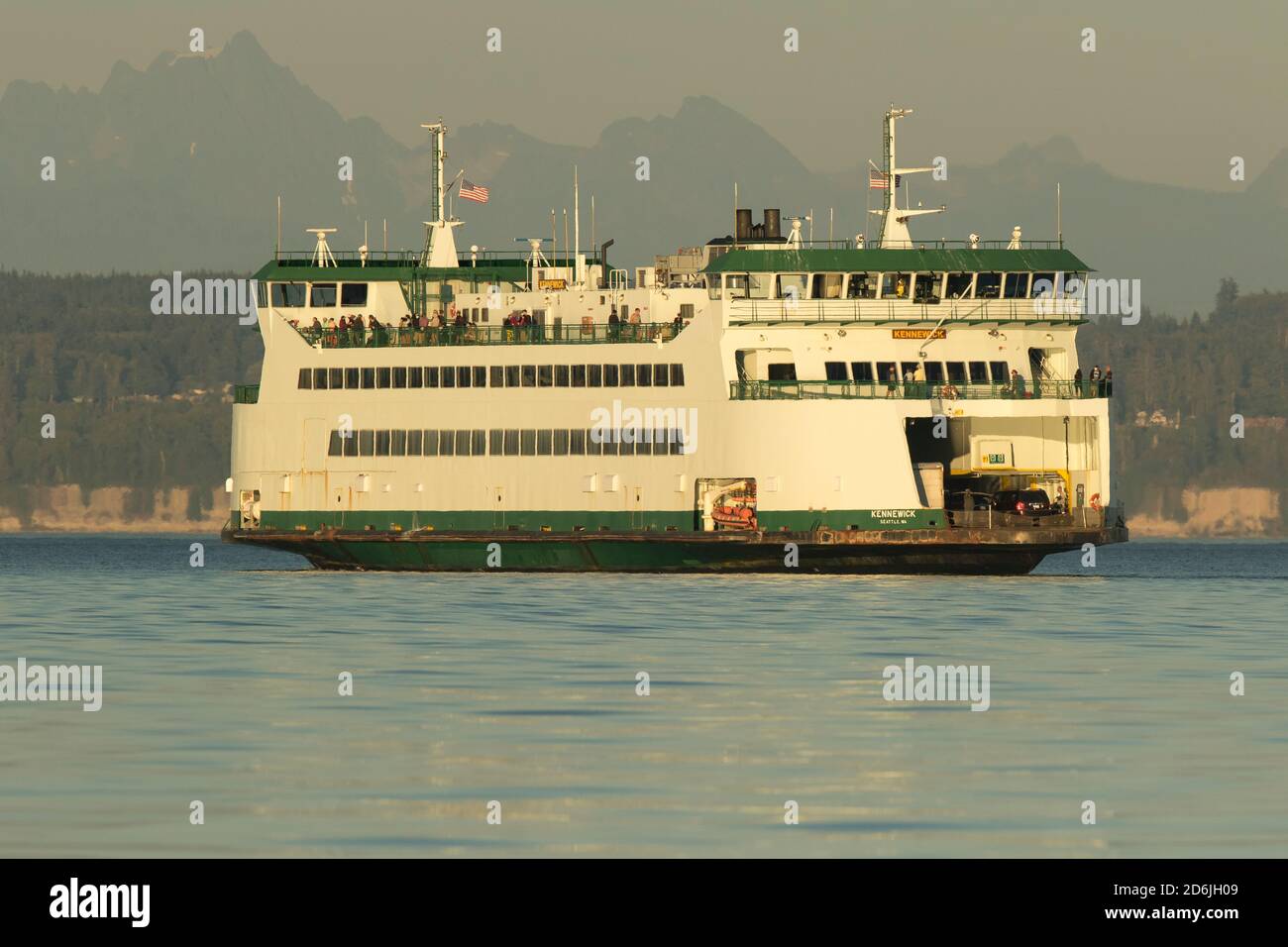 Port Townsend ferry on Puget Sound with tourists in Washington state. Stock Photo