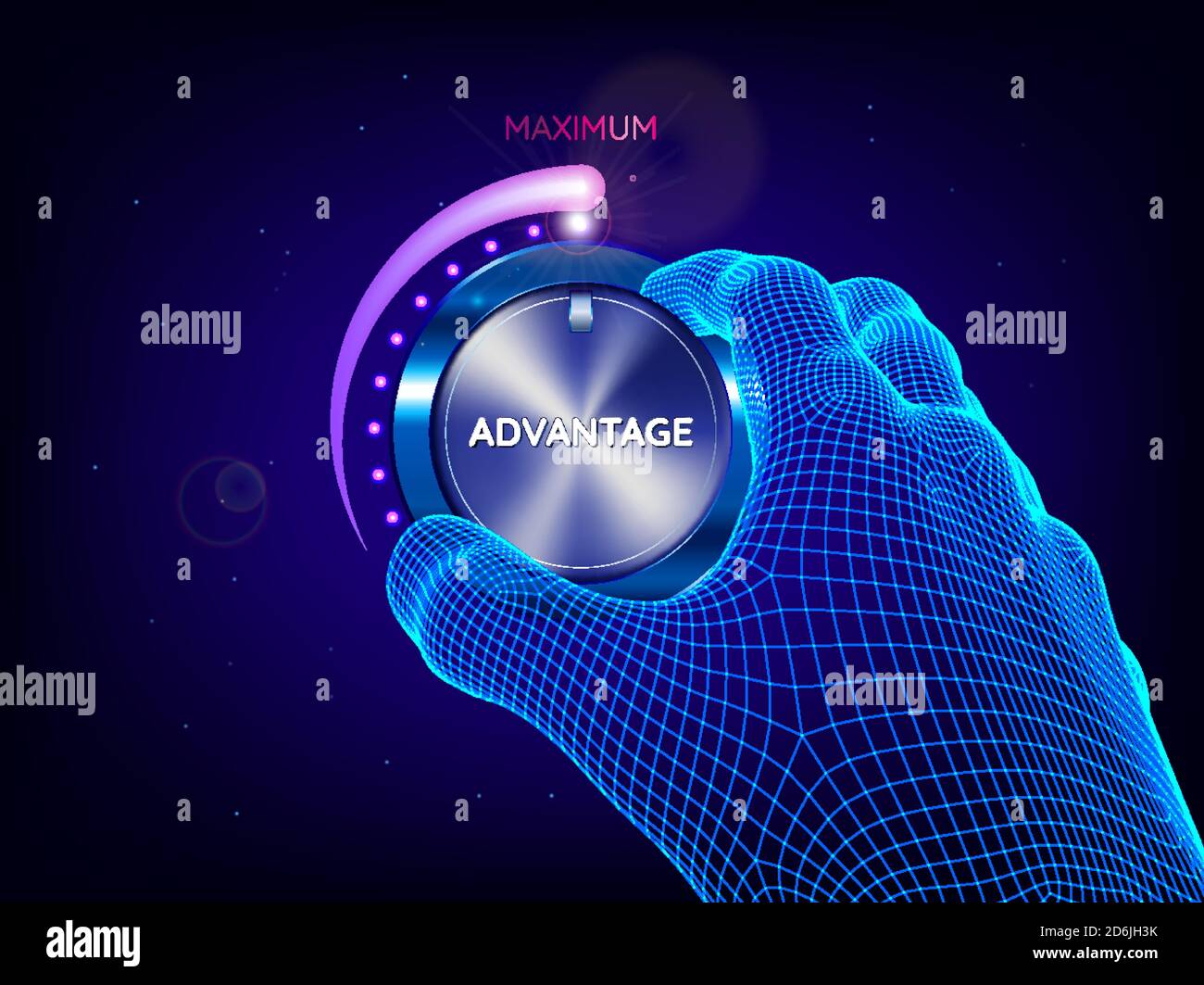 Hand of man tuning power control knob. Artificial intelligence. Maximum