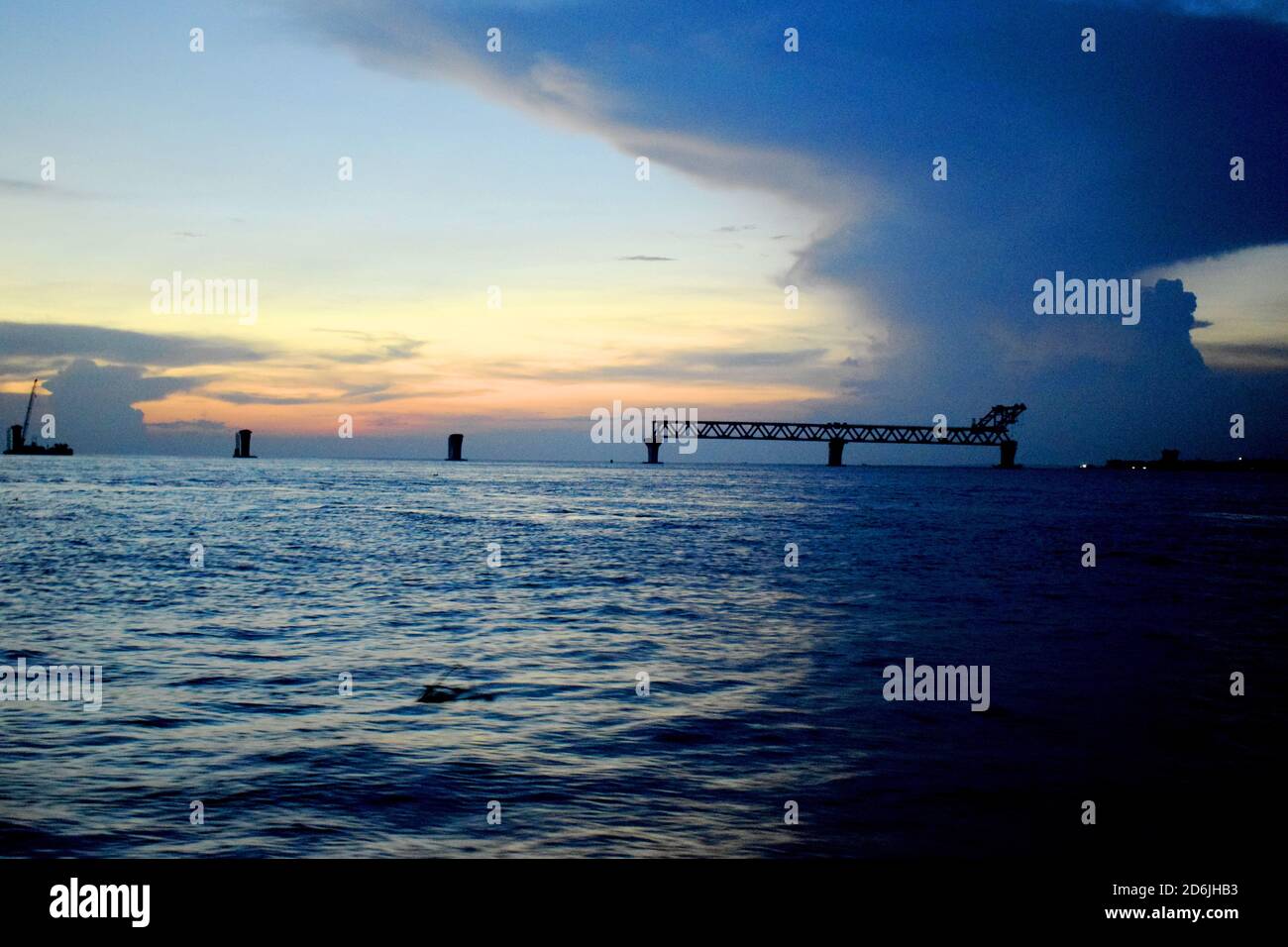 Beautiful Evening in Padma Bridge Under Construction Area, The photo was taken from Padma Bridge, Padma River,Maoa on 18th October 2020. Stock Photo