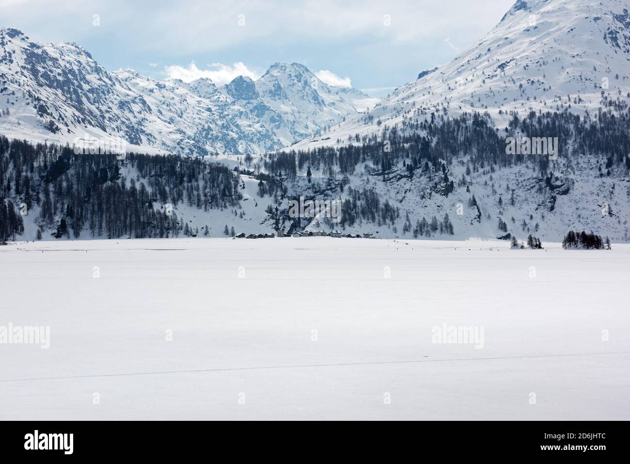 A frozen Lake Sils (Silsersee) in the Engadin Valley, in Switzerland Stock Photo