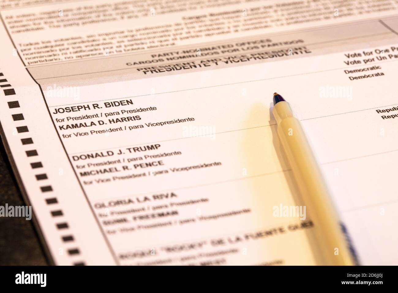 Election ballot for the United States Presidential Election in 2020.  The election is primarily between Donald Trump and Joe Biden Stock Photo