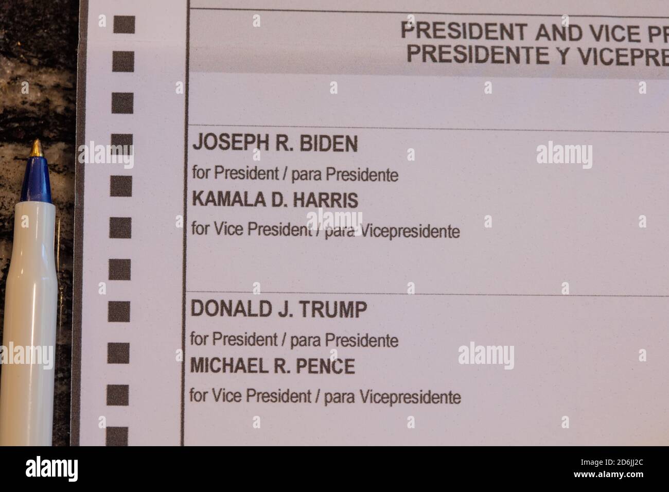 Election ballot for the United States Presidential Election in 2020.  The election is primarily between Donald Trump and Joe Biden Stock Photo