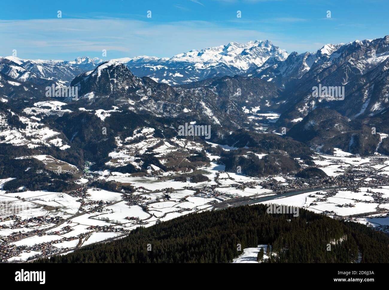 A view of the River Salzach and nearby towns, captured from a viewing area on the Rossfeld Panorama Strasse Alpine pass road, Germany Stock Photo