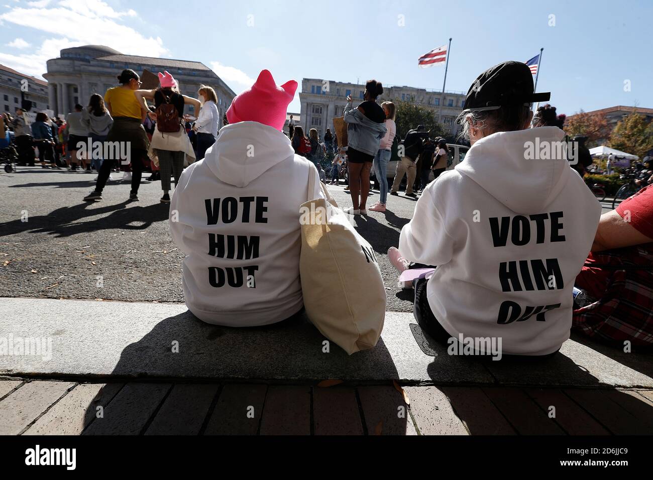Demonstrators listen to speakers raising issues about voting rights and calling on Congress to suspend the Supreme Court confirmation process in Freedom Plaza on October 17, 2020 in Washington DC.Radical leftist demonstrators opposing the confirmation of Amy Cony Barrett to the Supreme Court and the reelection of President Trump, confront conservative women in front of the Supreme Court. As a counter protest, various right-wing women's groups intend on sending a message that they do not speak for all women. (Photo by John Lamparski/SIPA USA) Stock Photo