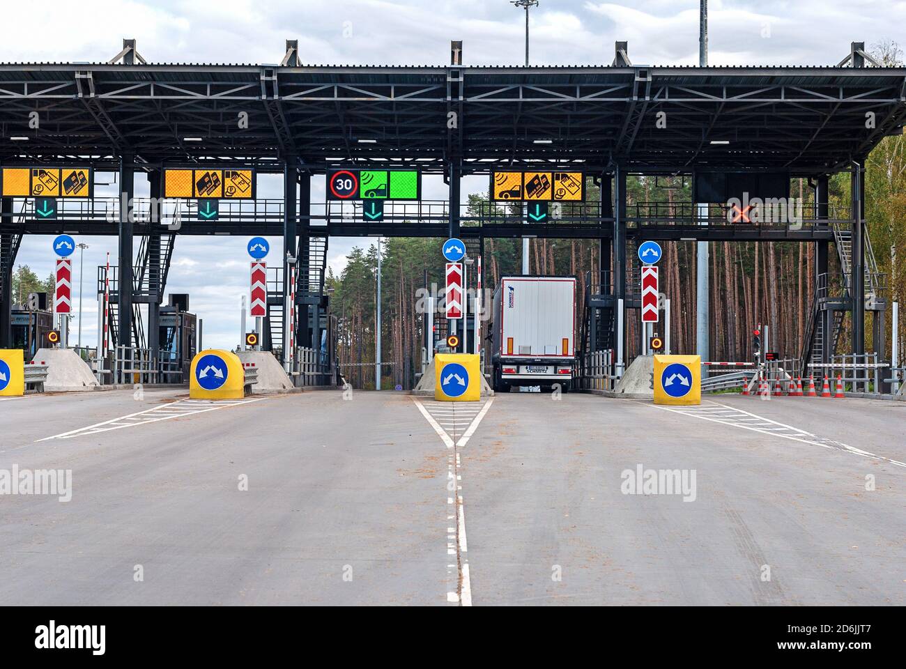 Lorry going through toll plaza gate at toll road, Tver region, 15/10/2020 Stock Photo