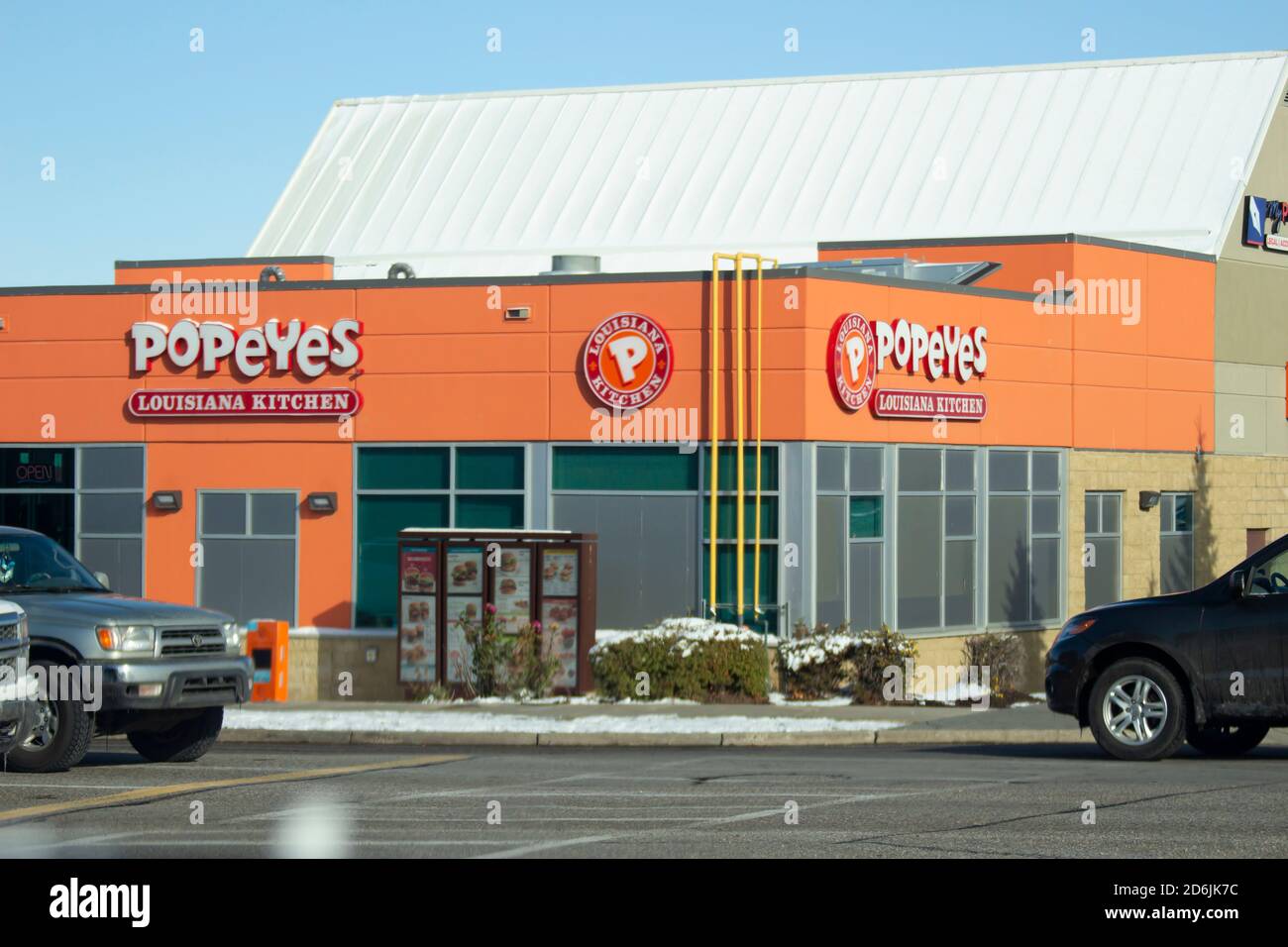 Calgary Alberta, Canada. Oct 17, 2020. Popeyes is an American multinational chain of fried chicken fast food restaurants from New Orleans, Louisiana a Stock Photo