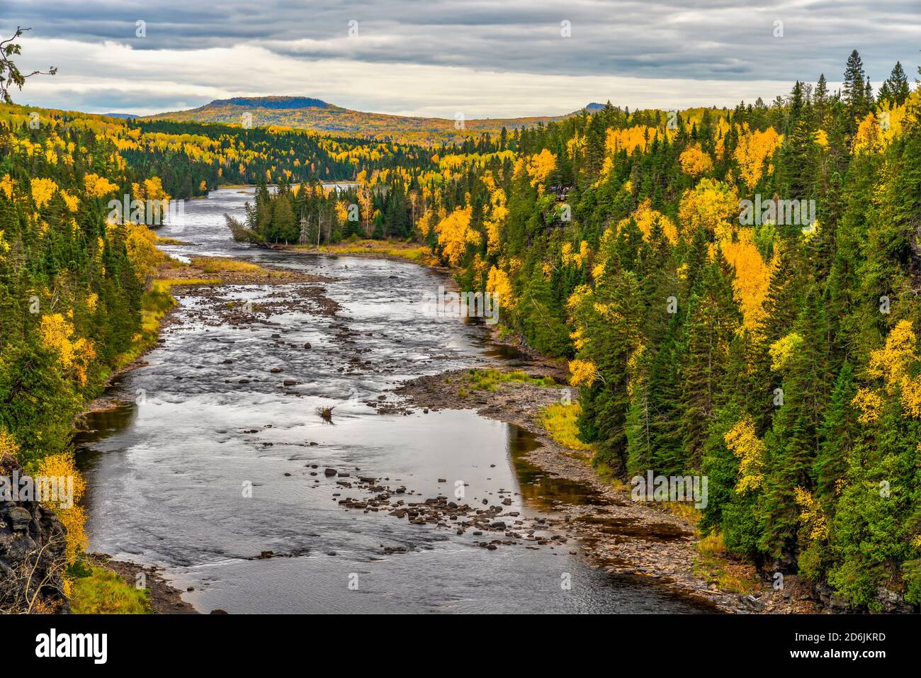 The gorge of the Kaministiquia River just downstream from the Kakabeka Falls with fall foliage color near Thunder Bay, Ontario, Canada. Stock Photo