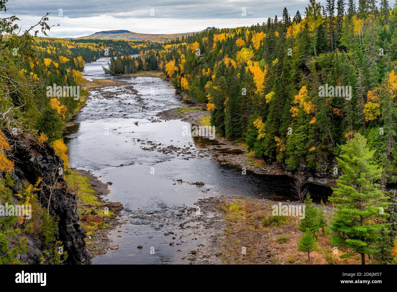 The gorge of the Kaministiquia River just downstream from the Kakabeka Falls with fall foliage color near Thunder Bay, Ontario, Canada. Stock Photo