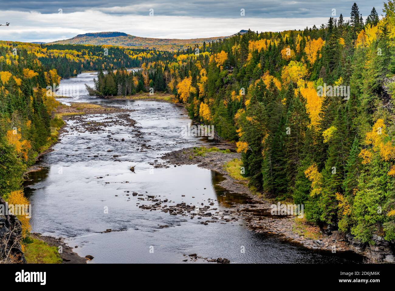 The gorge of the Kaministiquia River just downstream from the Kakabeka Falls with fall foliage color near Thunder Bay, Ontario, Canada. Stock Photo