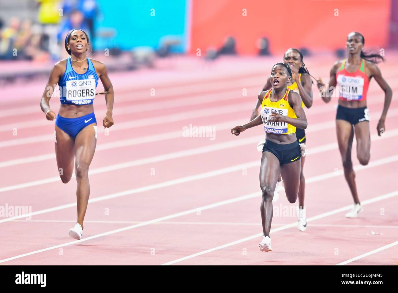 Halimah Nakaayi (Uganda, Gold medal) and Raevyn Rogers (USA, Silver medal). 800 Metres women final. IAAF World Athletics Championships, Doha 2019 Stock Photo