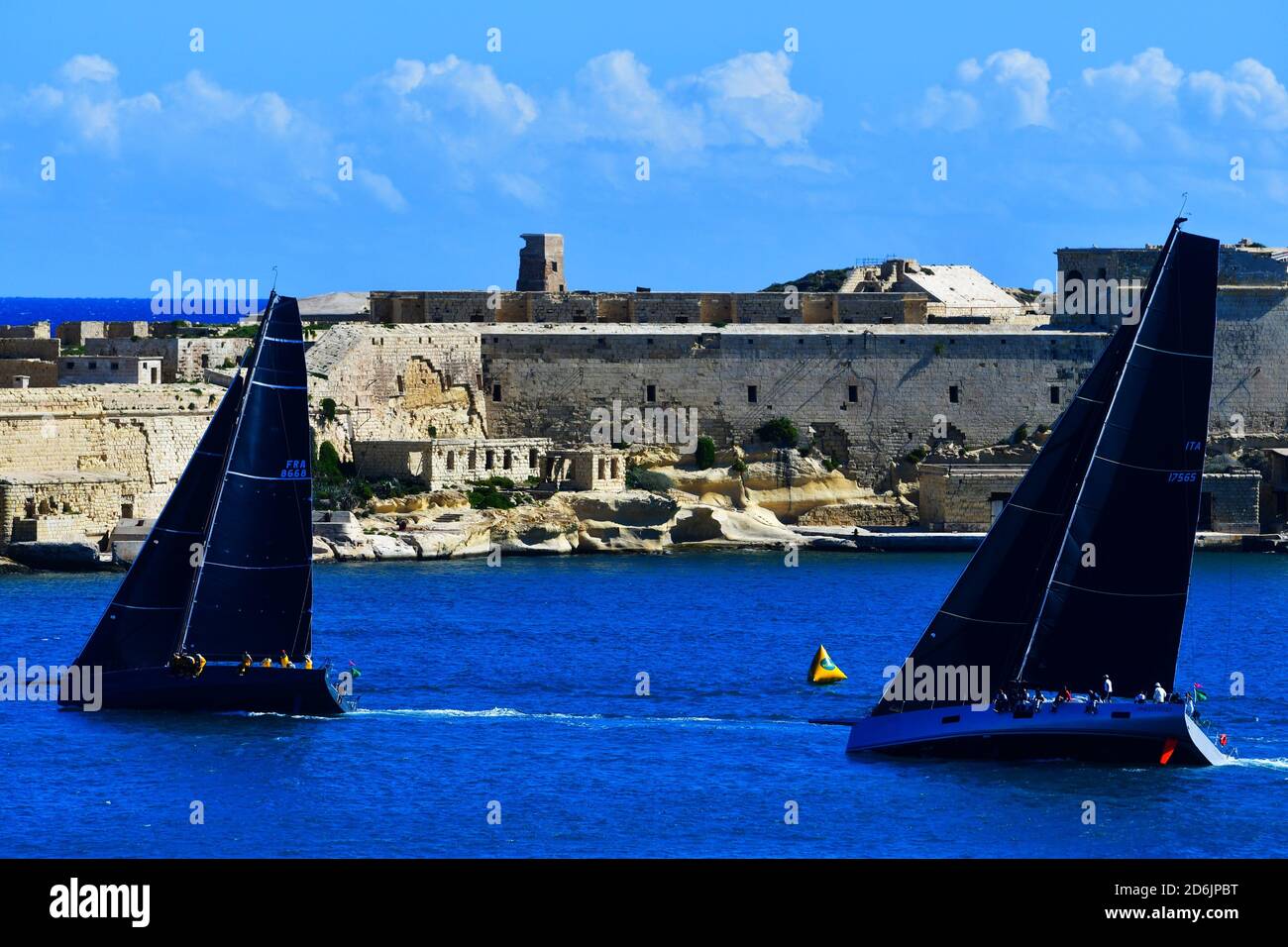 Valletta, Malta. 17th Oct, 2020. Yachts compete during the 2020 Rolex  Middle Sea Race at the Grand Harbor in Valletta, capital of Malta, on Oct.  17, 2020. Credit: Jonathan Borg/Xinhua/Alamy Live News