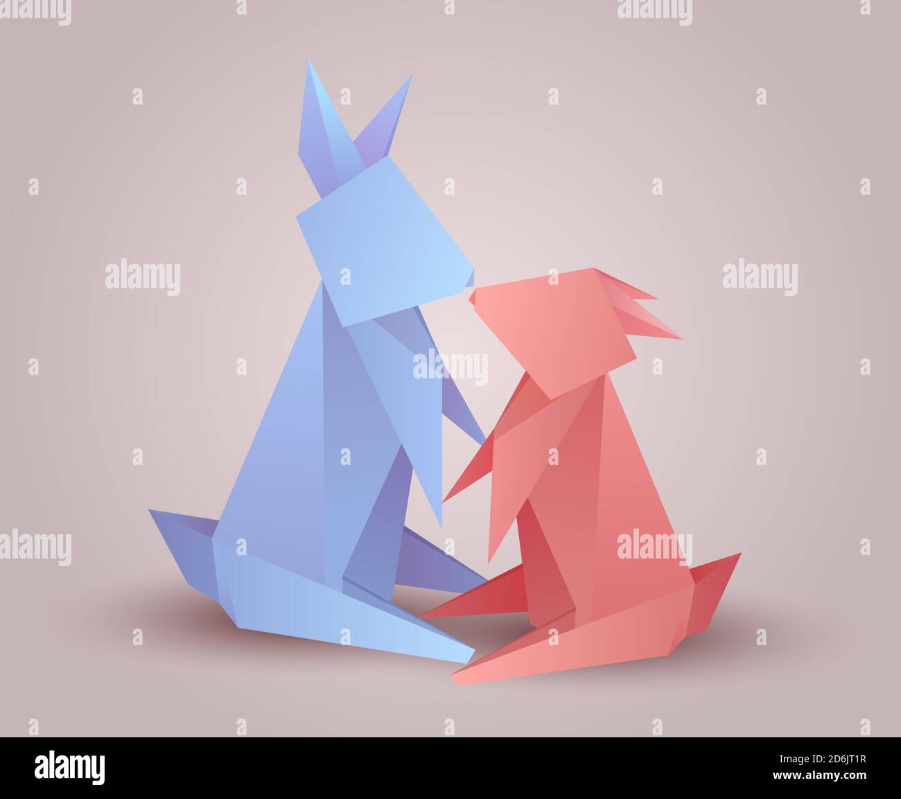 Pair of origami hares. 3d illustration of rabbits. Zoo family. Vector element for cards, postcards and your creativity Stock Vector