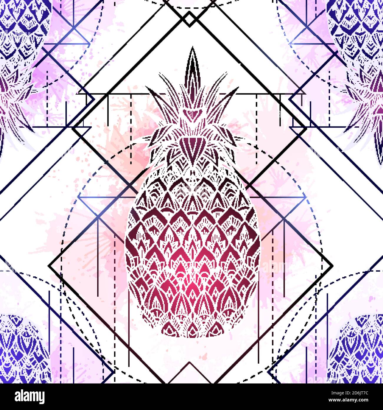 Seamless pattern with mystical illustration of pineapples with a contour drawing and pink watercolor splashes. Texture with magic triangular drawing. Stock Vector