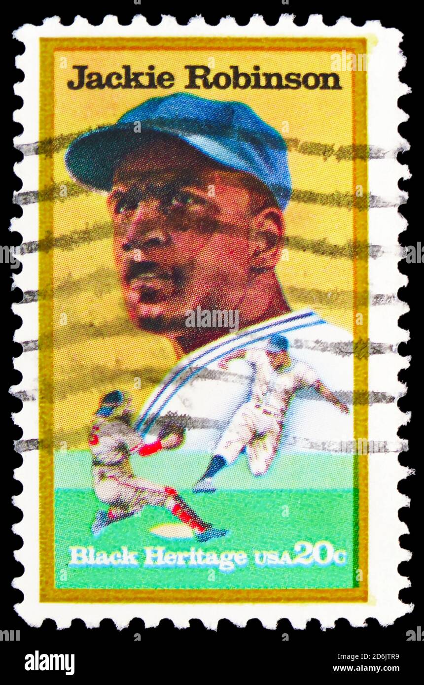 MOSCOW, RUSSIA - SEPTEMBER 15, 2020: Postage stamp printed in United States shows Jackie Robinson (1919-1972), baseball player, Black Heritage Series Stock Photo