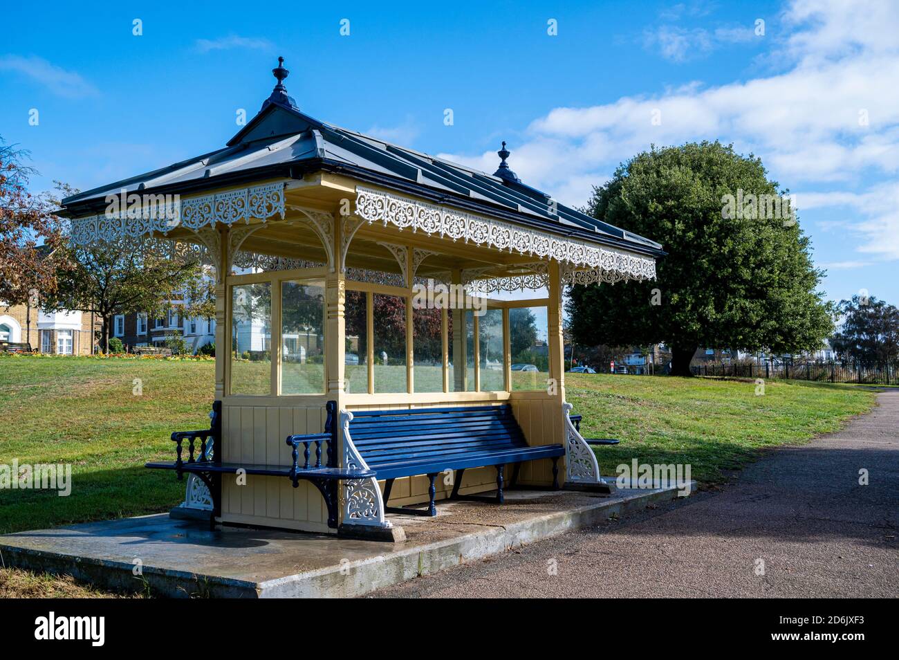 Historic shelter on Southend seafront cliffs gardens, recently restored and reformed to it's former glory. Stock Photo