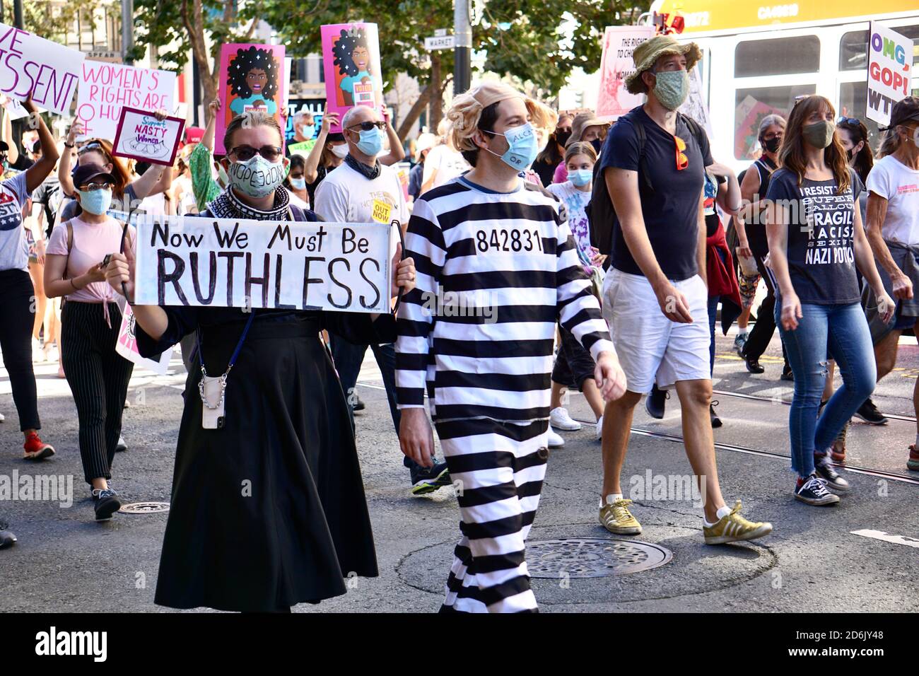 October 17, 2020. San Francisco Women's March after the death of Supreme Court Justice Ruth Bader Ginsberg and before the USA Presidential Election. Stock Photo