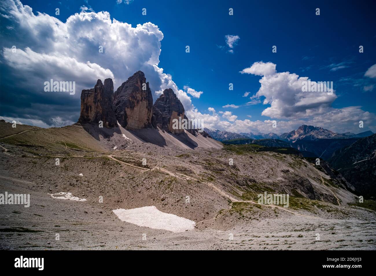 The north faces of the mountain group Tre Cime di Lavaredo. Stock Photo