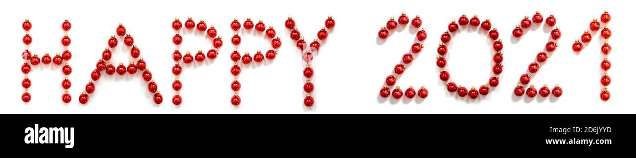 Red Christmas Ball Ornament Building Word Happy 2021 Stock Photo