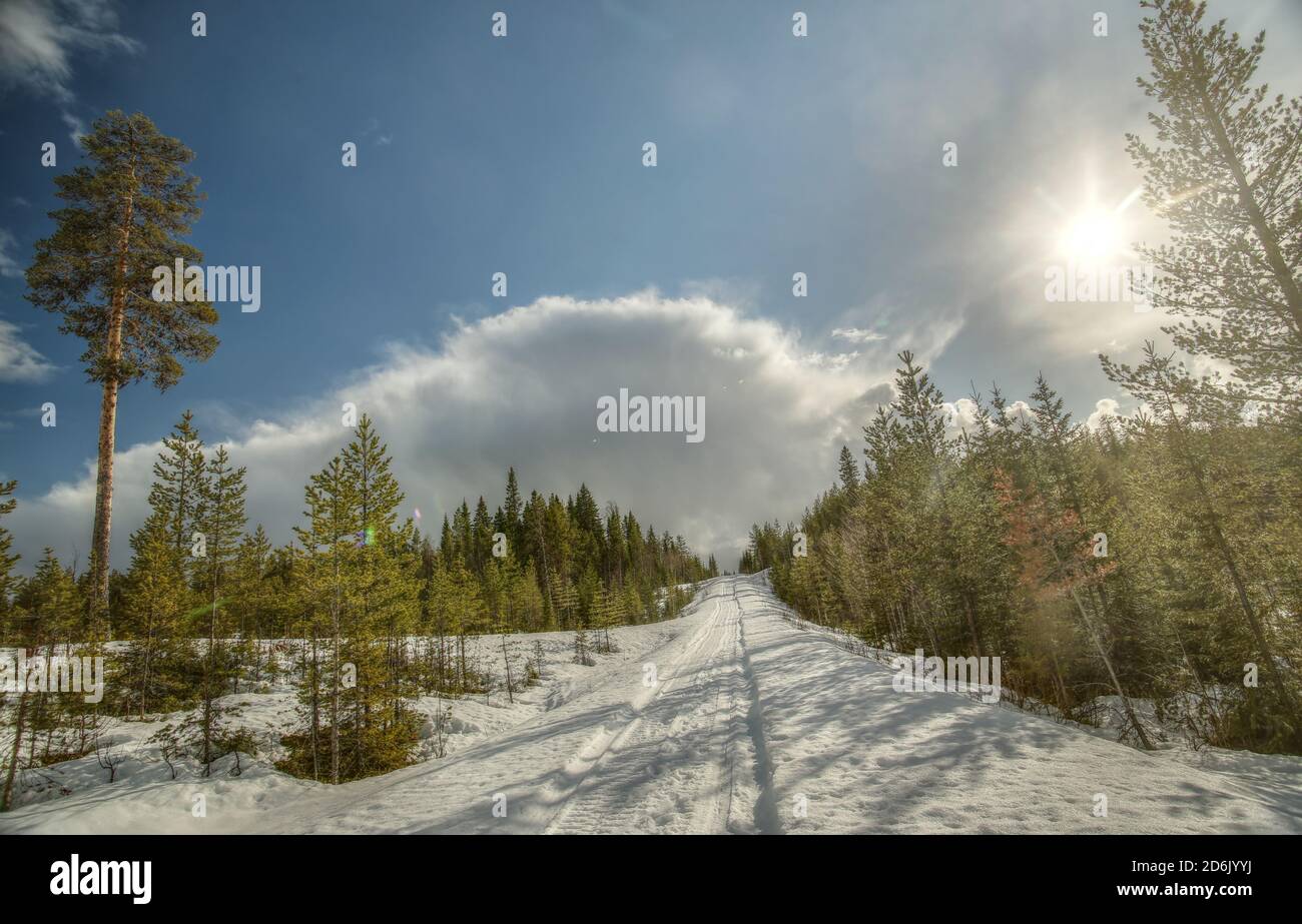 Snowbound road near Granbergsliden in Vasterbotten, Sweden. Stock Photo