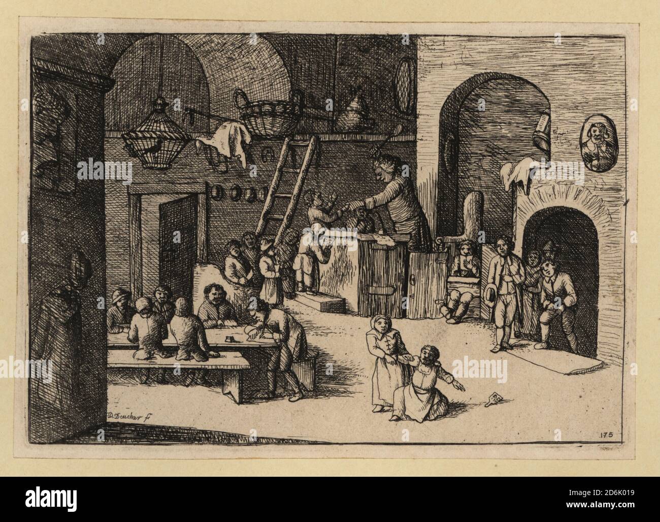 European school scene from the 17th century. A tutor beats a child with a wooden spoon from a pulpit, a child sits in the stocks, a girl pulls on another’s arms, others sits writing at a table. Copperplate engraving by David Deuchar from A Collection of Etchings after the most Eminent Masters of the Dutch and Flemish Schools, Edinburgh, 1803. Stock Photo