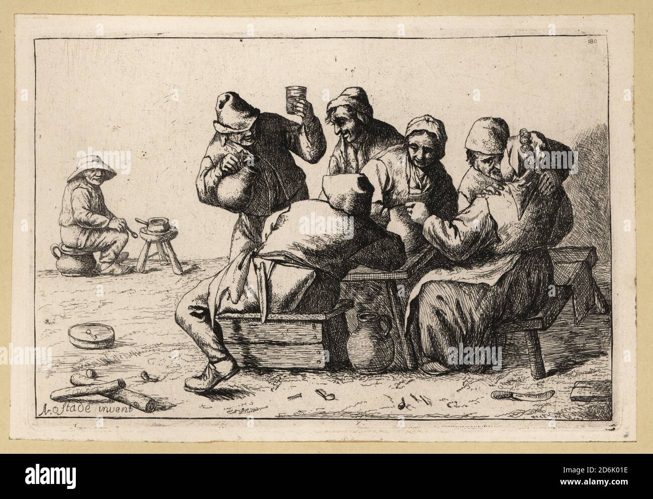 17th century Dutch drinking scene with men and women carousing around a table. A man pours ale from a jug, another embraces a woman on a bench. A man sits defecating on a chamberpot. Copperplate engraving by David Deuchar after an original by Adriaen van Ostade from A Collection of Etchings after the most Eminent Masters of the Dutch and Flemish Schools, Edinburgh, 1803. Stock Photo