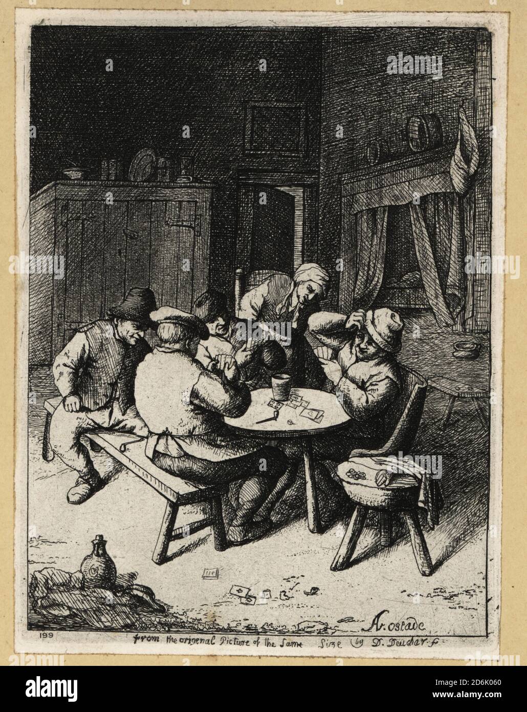 Dutch peasants playing a game of cards at a table in an inn. Cups, cards and tobacco pipes on the table, with large wardrobe and cupboardbed in rear. Game of Cards. Copperplate engraving by David Deuchar after an original by Adriaen van Ostade from A Collection of Etchings after the most Eminent Masters of the Dutch and Flemish Schools, Edinburgh, 1803. Stock Photo