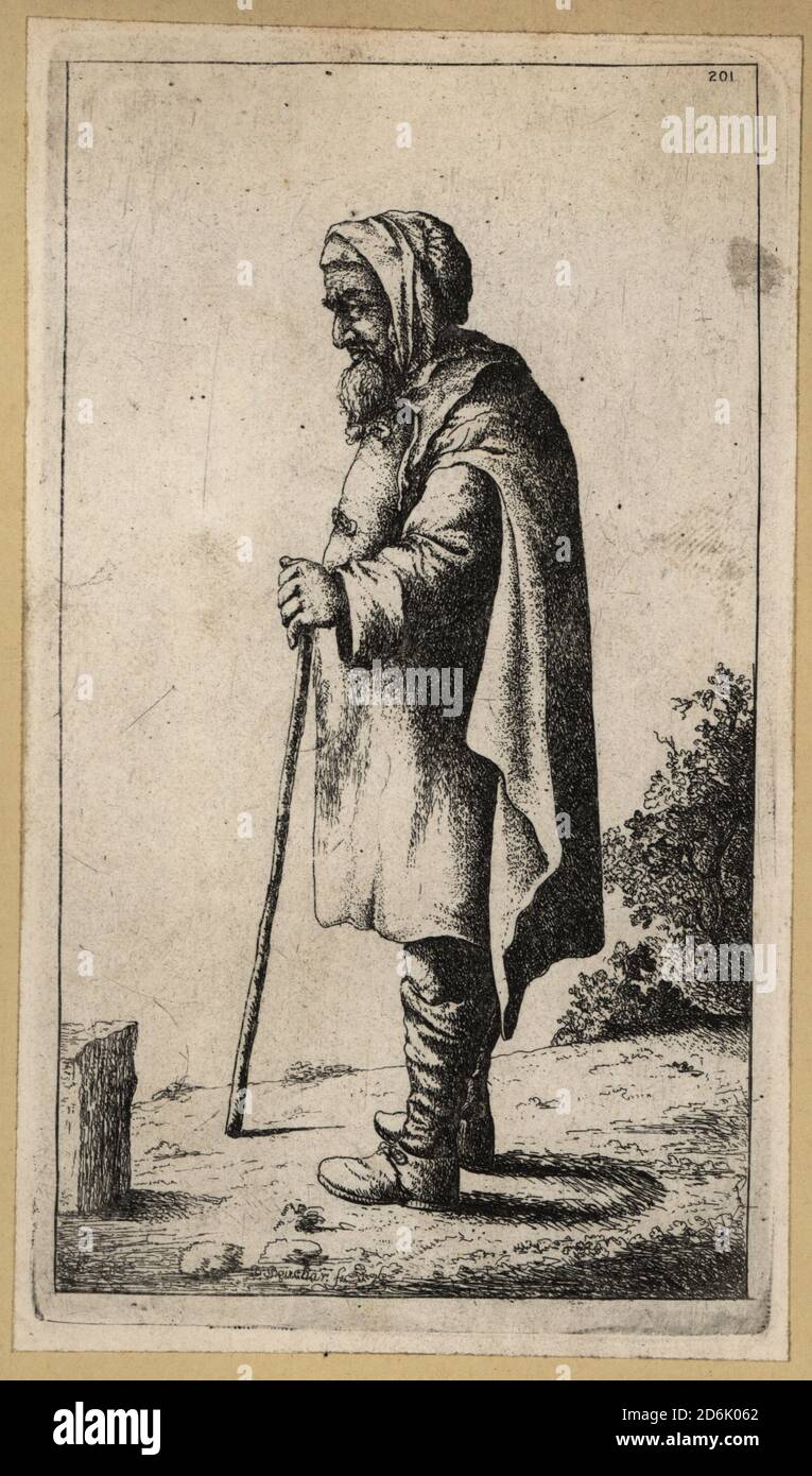 Old man in a hooded cape leaning on a stick, 17th century. Copperplate engraving by David Deuchar from A Collection of Etchings after the most Eminent Masters of the Dutch and Flemish Schools, Edinburgh, 1803. Stock Photo