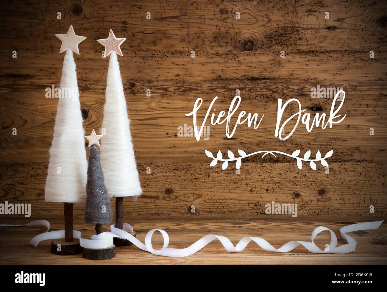 White Christmas Tree, Wooden Background, Vielen Dank Means Thank You Stock Photo