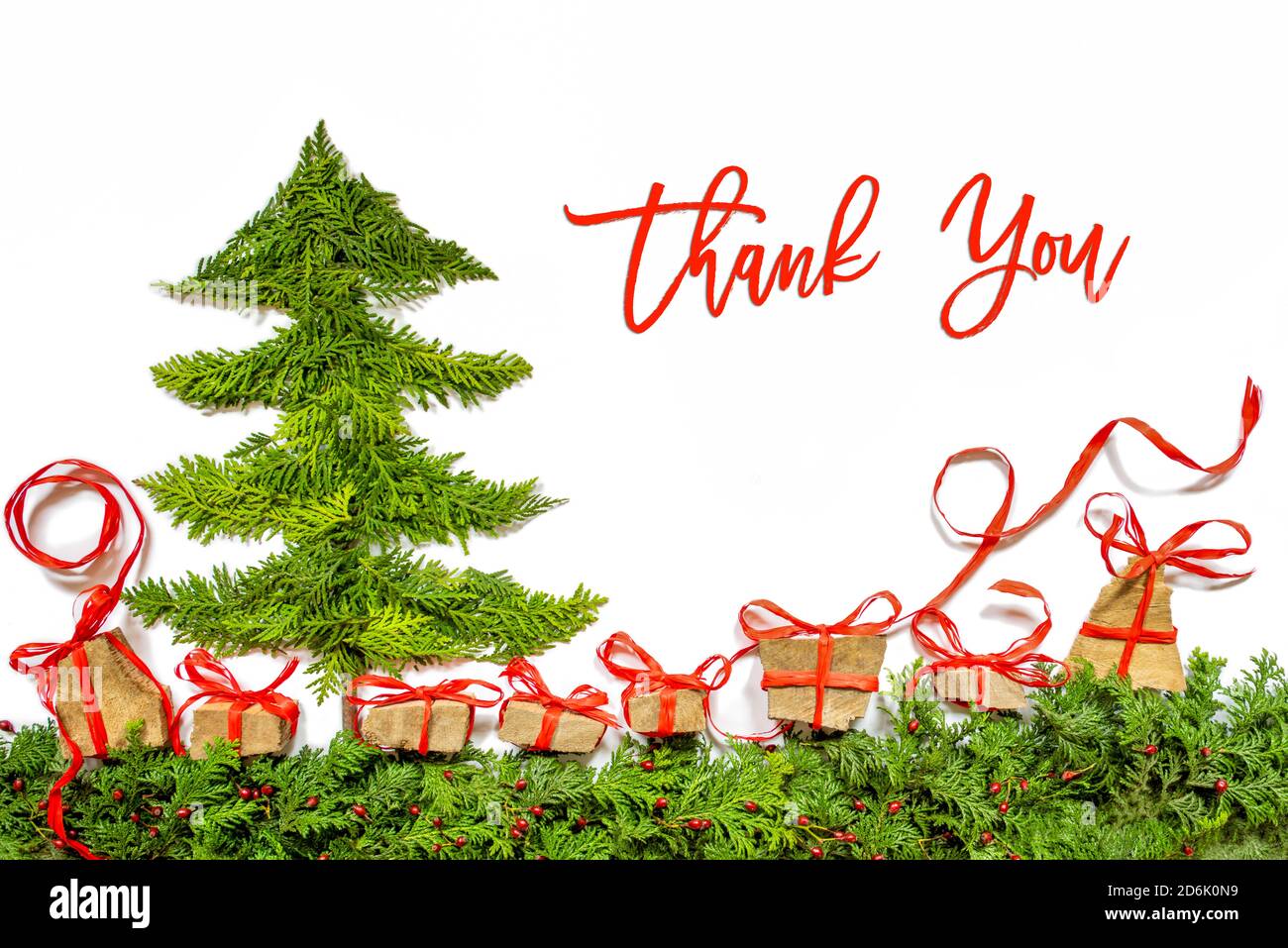 Christmas Tree, Gift And Presents, Fir Branch, Text Thank You Stock