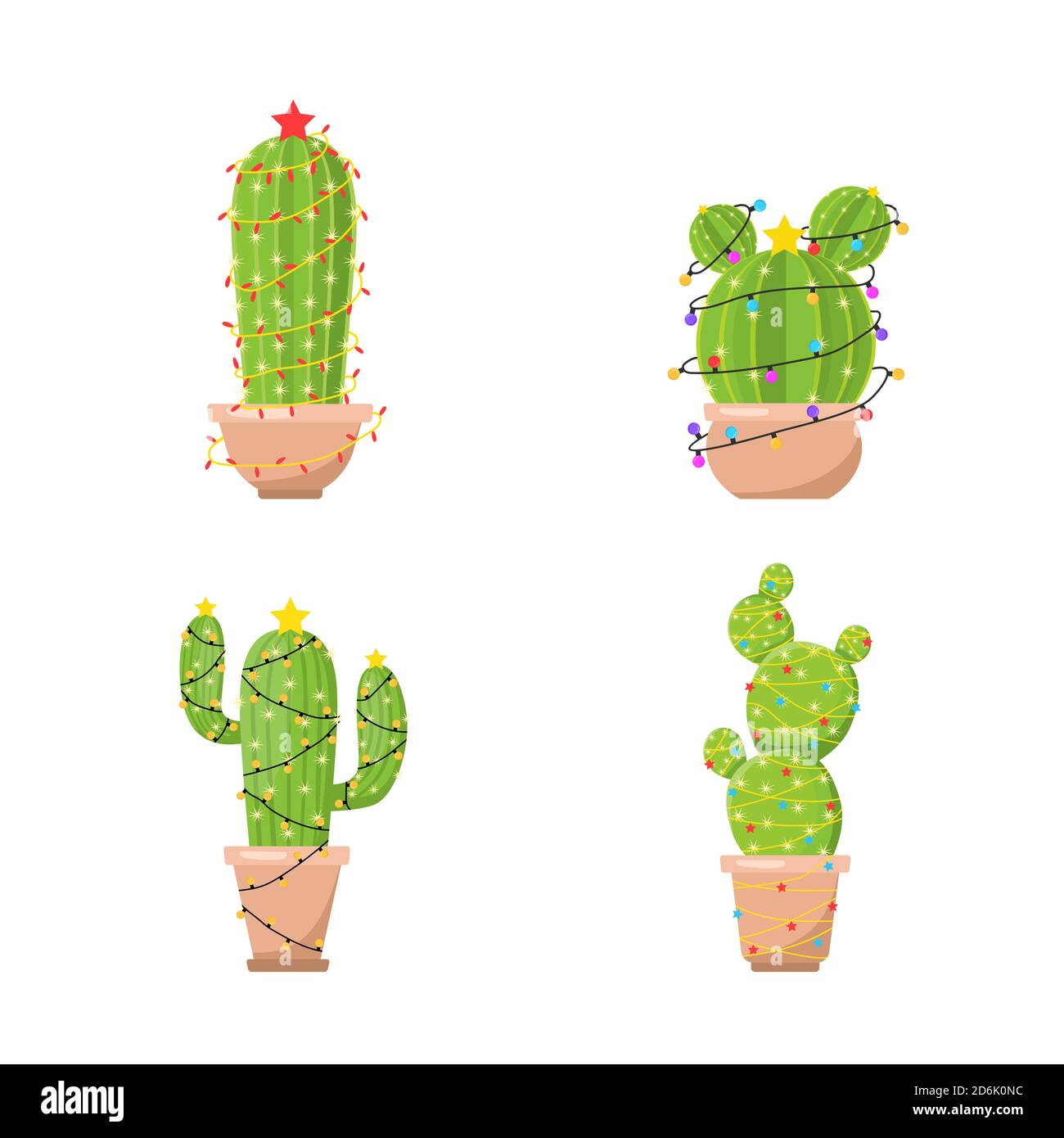 Set of cactus with new year garlands. Feliz navidad. Merry Christmas ...